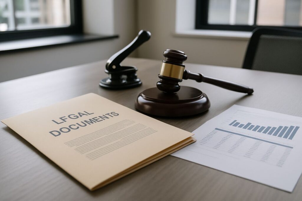 Business documents and legal paperwork on a corporate desk relating to CCJ removal for businesses