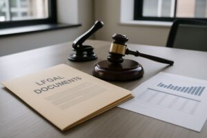 Business documents and legal paperwork on a corporate desk relating to CCJ removal for businesses