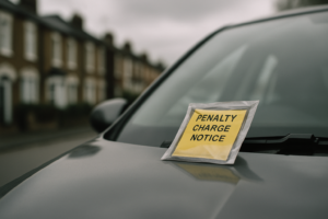 A parking penalty charge notice placed on a car windscreen in a UK street, illustrating how a parking fine can escalate to a County Court Judgment