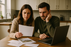 A couple reviewing mortgage documents at home, looking concerned about a CCJ affecting their house purchase