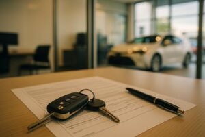 Car keys resting on finance agreement documents at a car dealership office desk