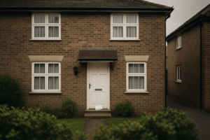 A UK semi-detached house with an official letter on the doorstep, representing a CCJ charging order on property