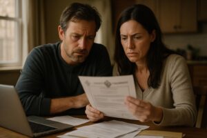 Two people reviewing court documents and legal correspondence together at a table, concerned expressions